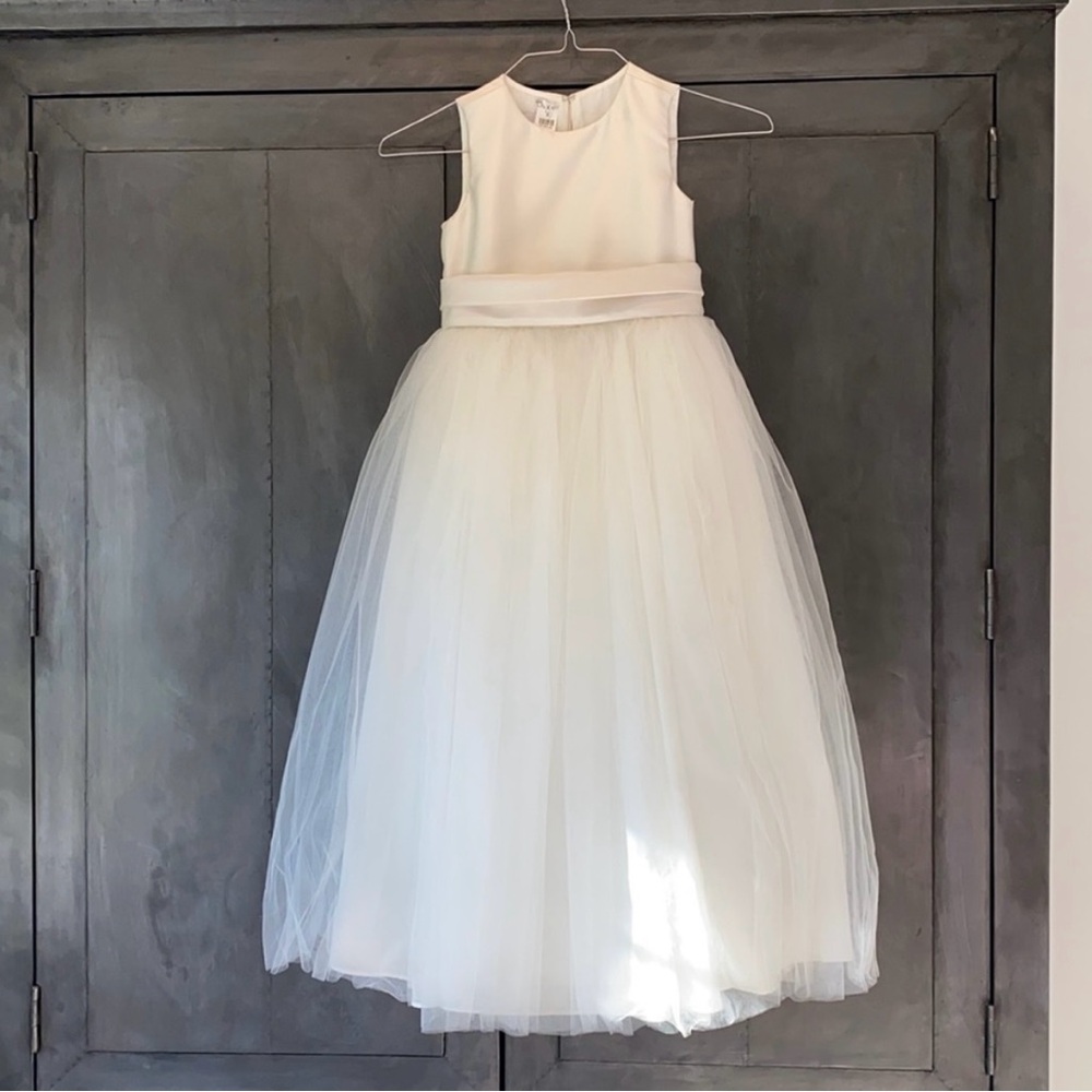 Elegant ivory Dessy flower girl dress